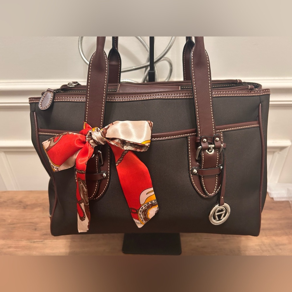 Etienne Aigner Brown Shoulder Nylon and Leather Tote Bag with Bag Scarf - Picture 4 of 14